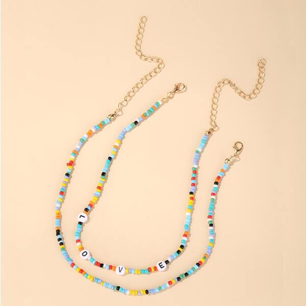 

2pcs Colorful Beaded Choker, Multicolor