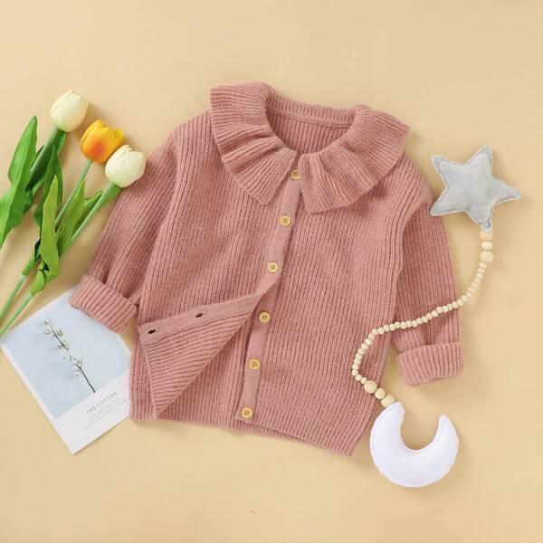 

Girls Ruffle Trim Solid Cardigan, Dusty pink