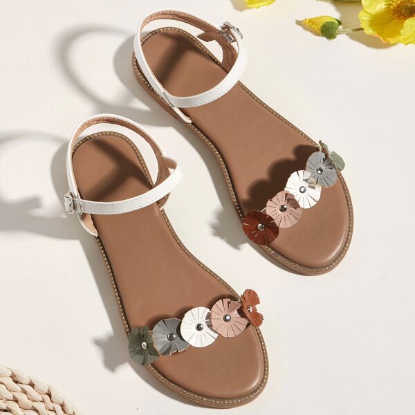 

Floral Appliques Ankle Strap Sandals, White