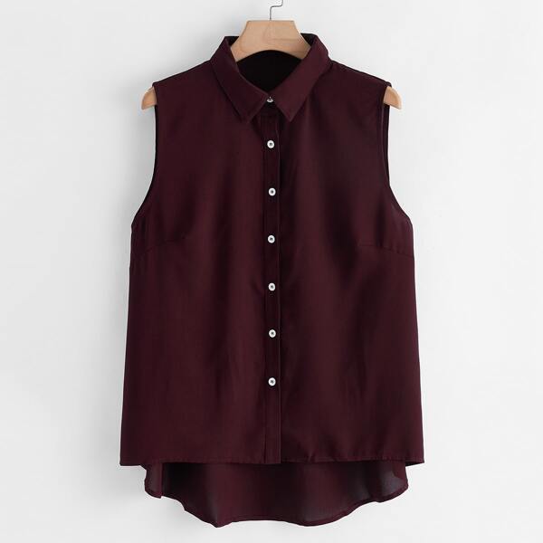 

Plus Solid High Low Button Up Blouse, Maroon