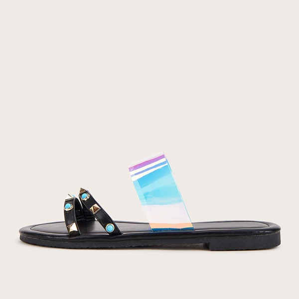 

Holographic Studded Decor Slide Sandals, Black