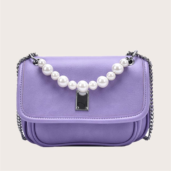 

Faux Pearl Decor Flap Satchel Bag, Purple