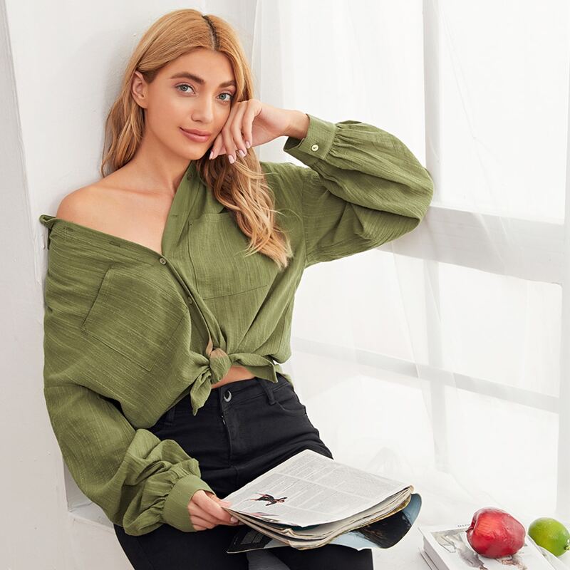 

Drop Shoulder Patch Pocket Solid Blouse, Army green