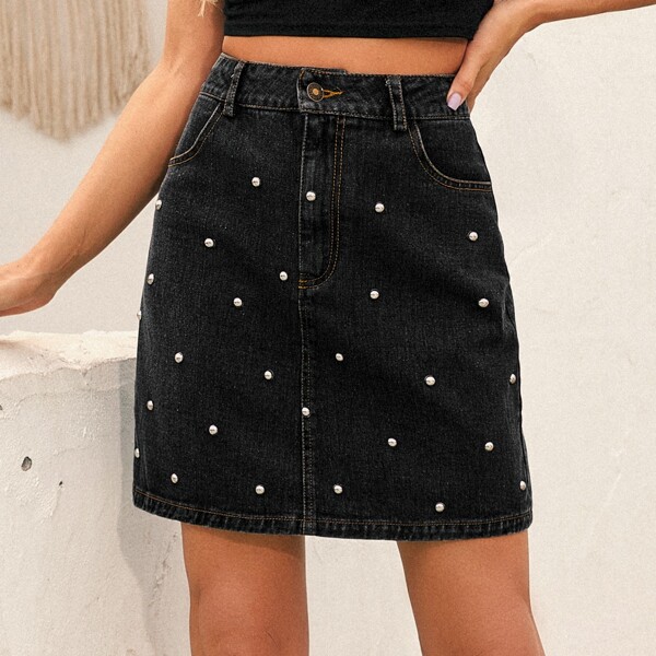 

Beaded Slant Pocket Denim Skirt, Dark grey