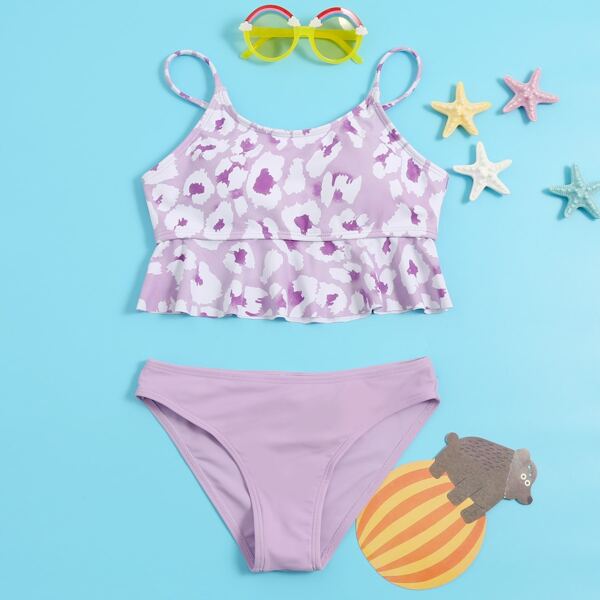 

Girls Graphic Ruffle Hem Bikini Swimsuit, Pastel lilac purple