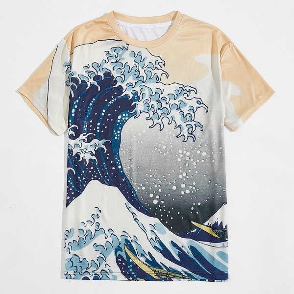 

Men Wave Print Round Neck Tee, Multicolor