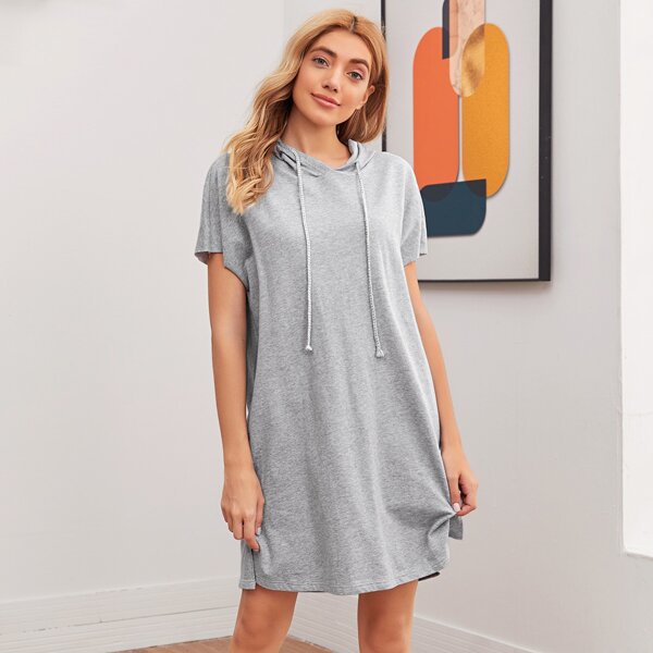 

Batwing Sleeve Solid Drawstring Hoodie, Light grey