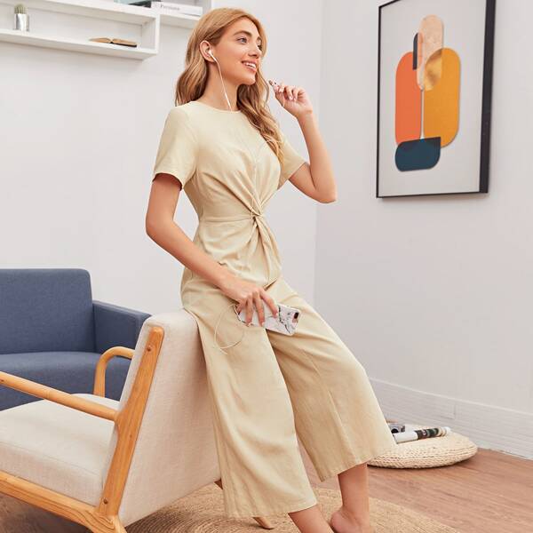 

Twist Front Solid Palazzo Jumpsuit, Beige