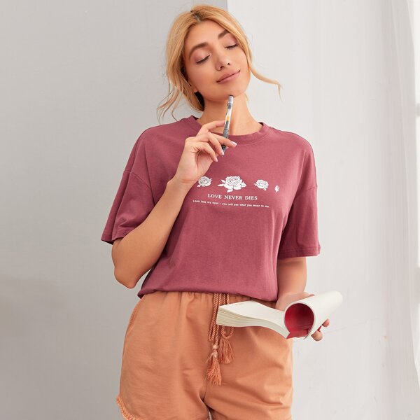 

Drop Shoulder Floral & Slogan Print Tee, Rose red