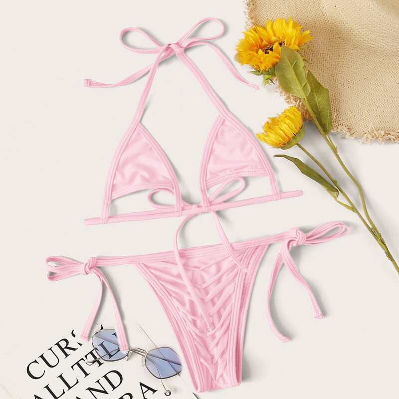

Cut-out Triangle Tie Side Bikini Swimsuit, Pastel baby pink