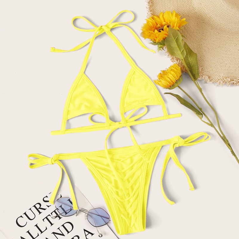 

Cut-out Triangle Tie Side Bikini Swimsuit, Yellow bright