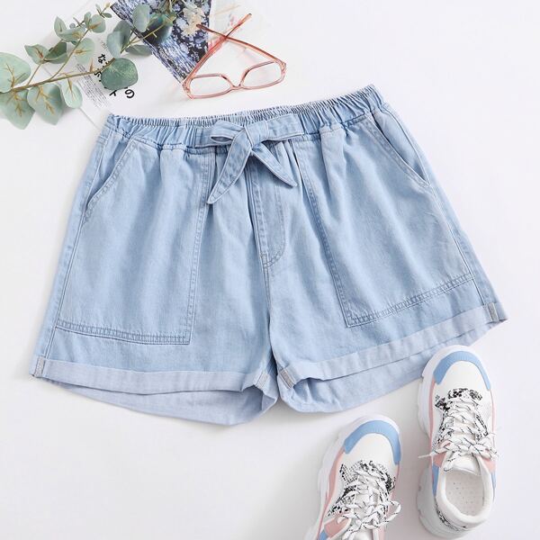 

Plus Tie Waist Slant Pocket Roll Hem Denim Shorts, Light wash