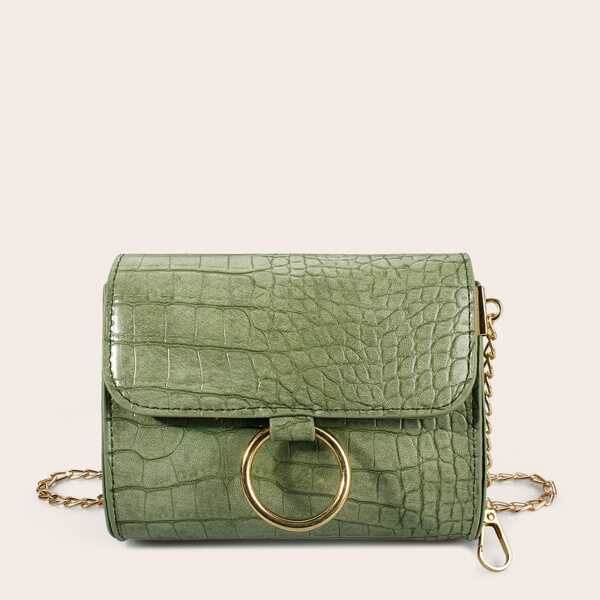

Mini Croc Embossed Flap Chain Crossbody Bag, Green