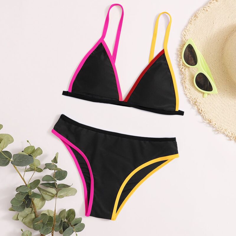 

Contrast Binding Triangle Bikini Swimsuit, Black