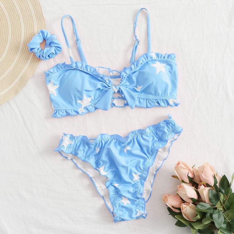 

Star Print Knot Front Bikini Swimsuit & Scrunchie, Pastel baby blue