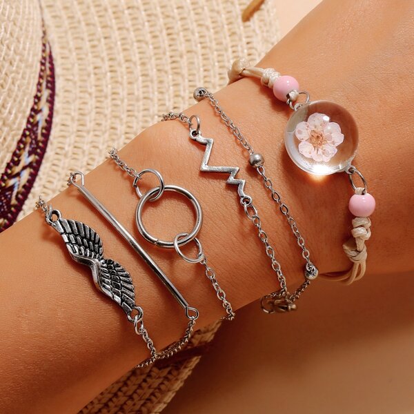 

6pcs Wing Flower Decor Bracelet, Multicolor