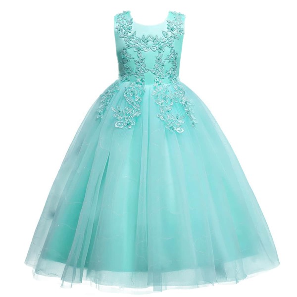 

Girls Appliques Mesh Panel Bow Back Gown Dress, Mint blue
