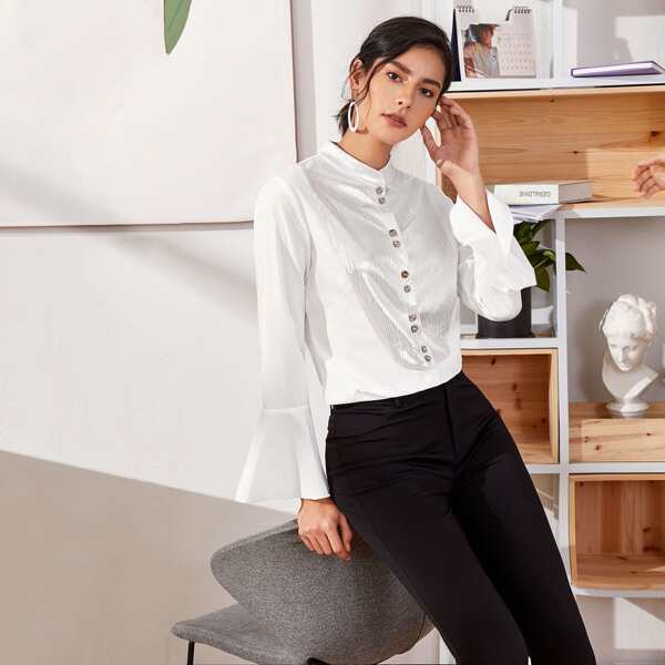 

Contrast Striped Flounce Sleeve Blouse, White