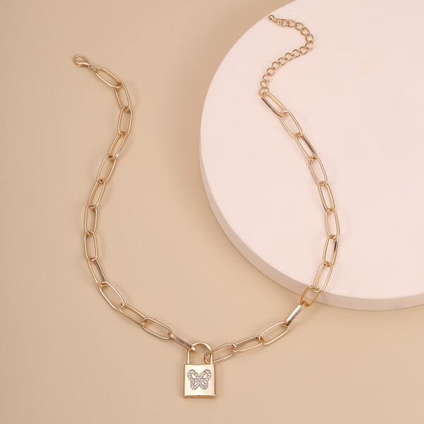 

Rhinestone Lock Charm Necklace, Gold