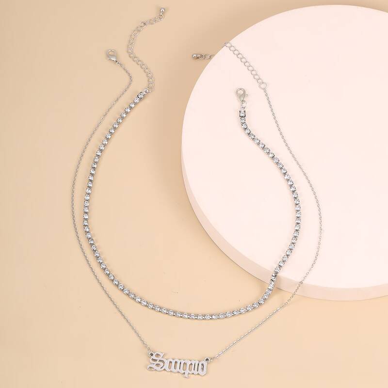 

2pcs Rhinestone Letter Charm Necklace, Silver