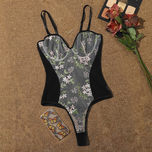 

Plus Embroidered Mesh Underwire Teddy Bodysuit, Black