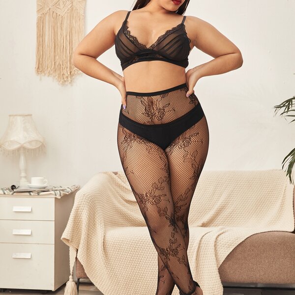 

Plus Floral Pattern Fishnet Tights, Black