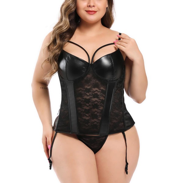 

Plus Contrast Lace PU Garter Waist Trainer, Black
