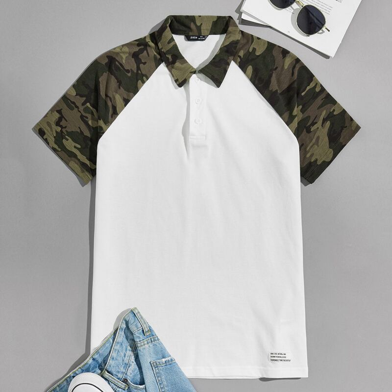 

Guys Camo Raglan Sleeve Patched Detail Polo Shirt, White