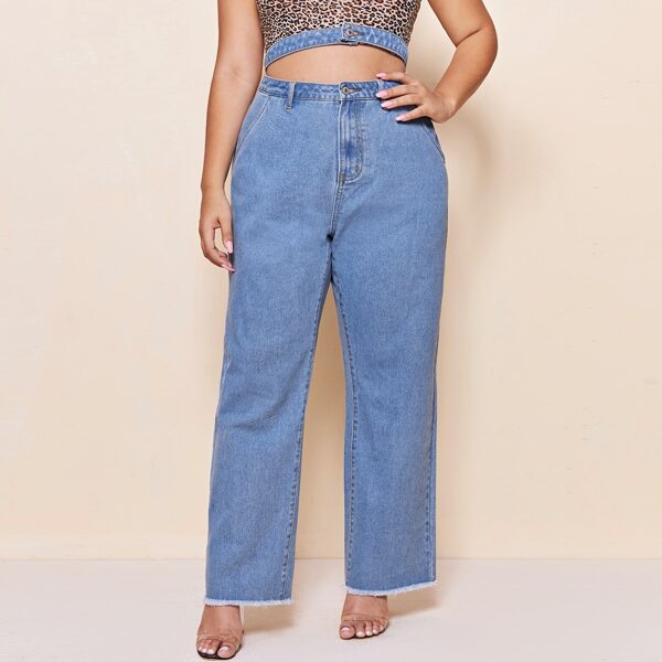 

Plus High Waist Raw Hem Straight Leg Jeans, Medium wash
