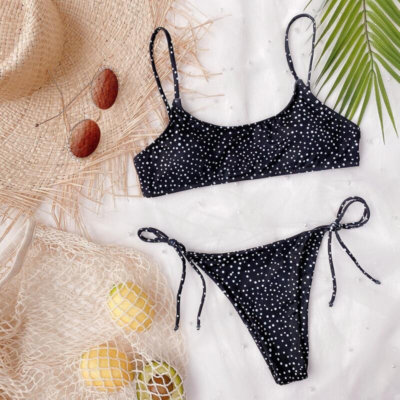 

Polka Dot Tie Side Bikini Swimsuit, Black