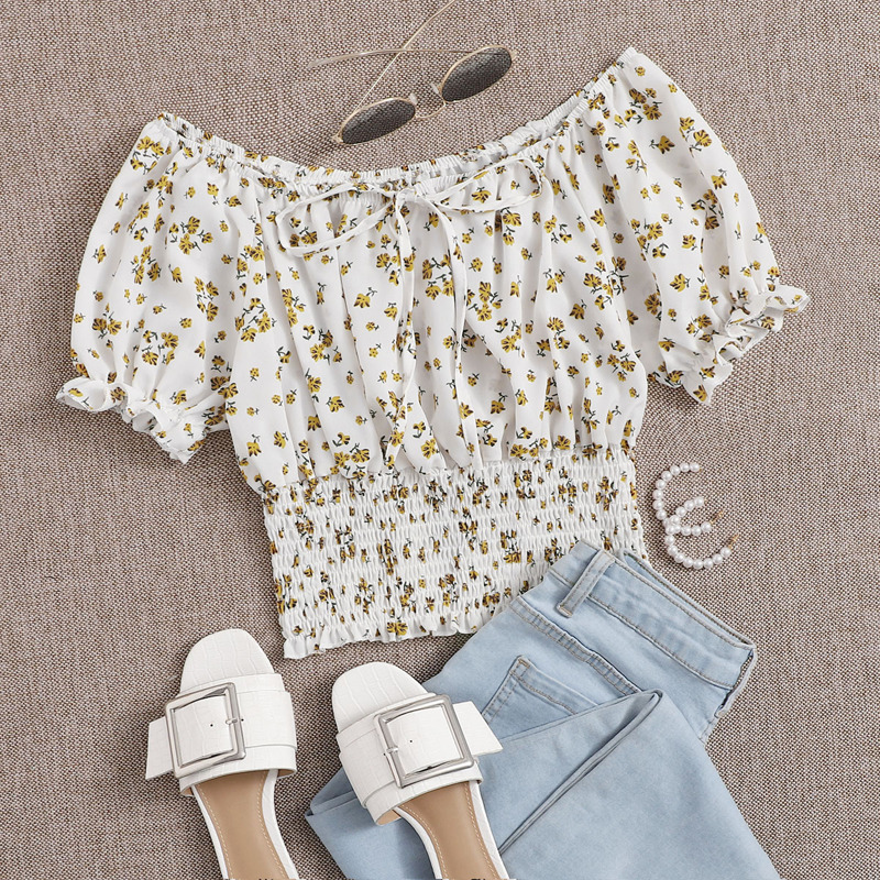 

Ditsy Floral Shirred Crop Top, White