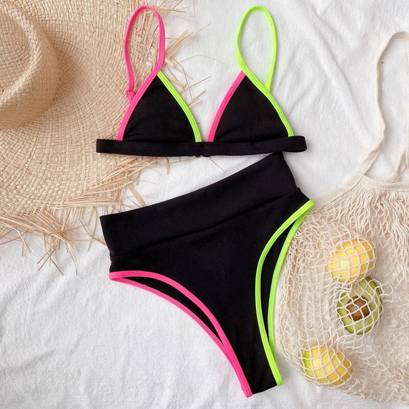 

Contrast Binding Triangle High Cut Bikini Swimsuit, Black