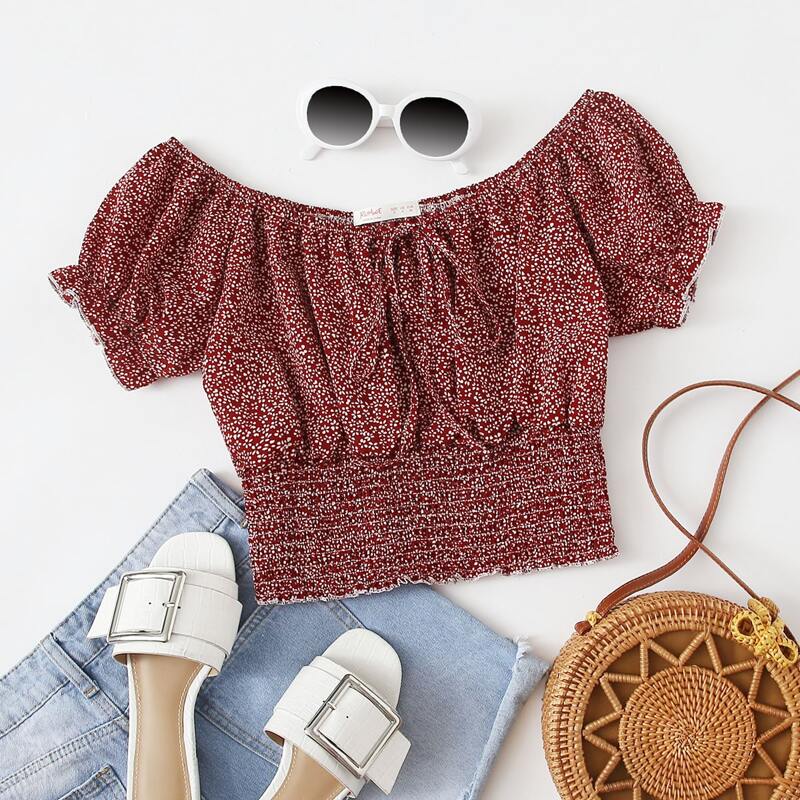 

Ditsy Floral Shirred Crop Top, Maroon