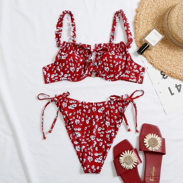 

Ditsy Floral Underwire Tie Side Bikini Swimsuit, Red