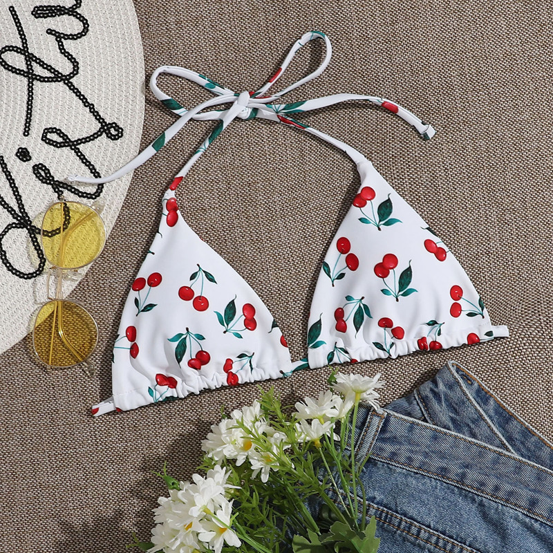 

Cherry Print Triangle Halter Bikini Top, White