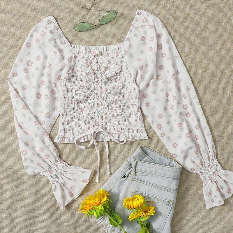 

Floral Shirred Drawstring Top, White