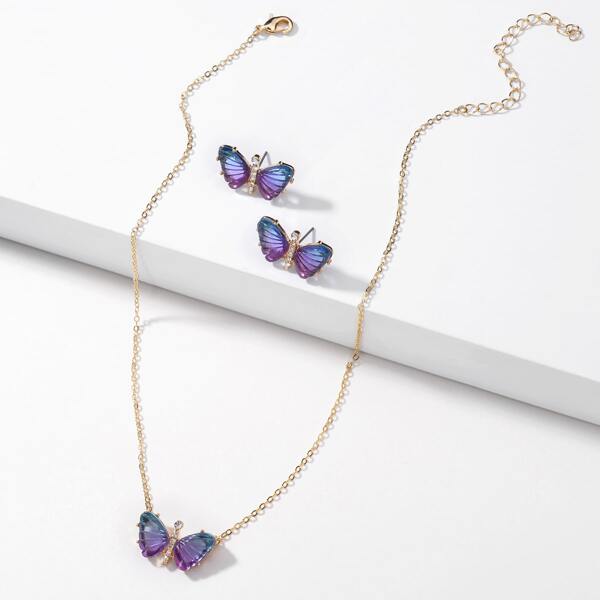

3pcs Rhinestone Butterfly Decor Jewelry Set, Purple