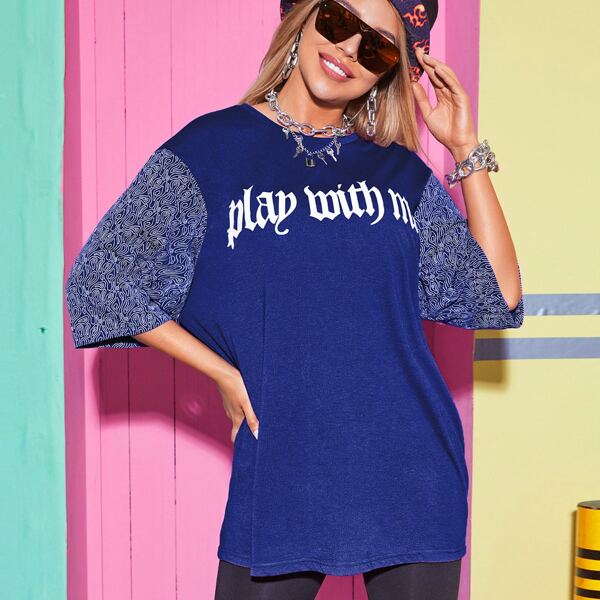 

Slogan Print Graphic Sleeve Oversized Longline Tee, Royal blue