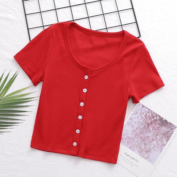 

Scoop Neck Button Front Tee, Red bright