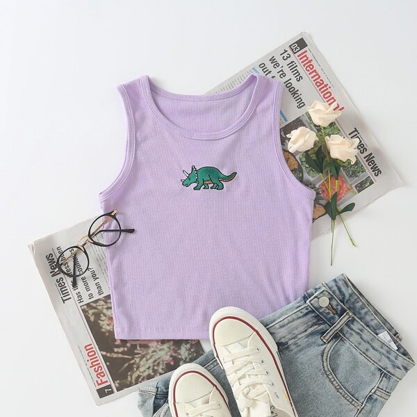 

Dinosaur Embroidery Rib-knit Tank Top, Lilac purple