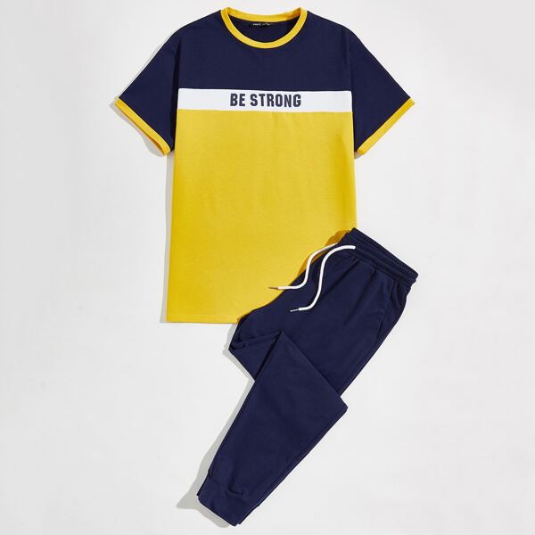 

Men Letter Graphic Colorblock Ringer Top & Joggers Set, Navy blue