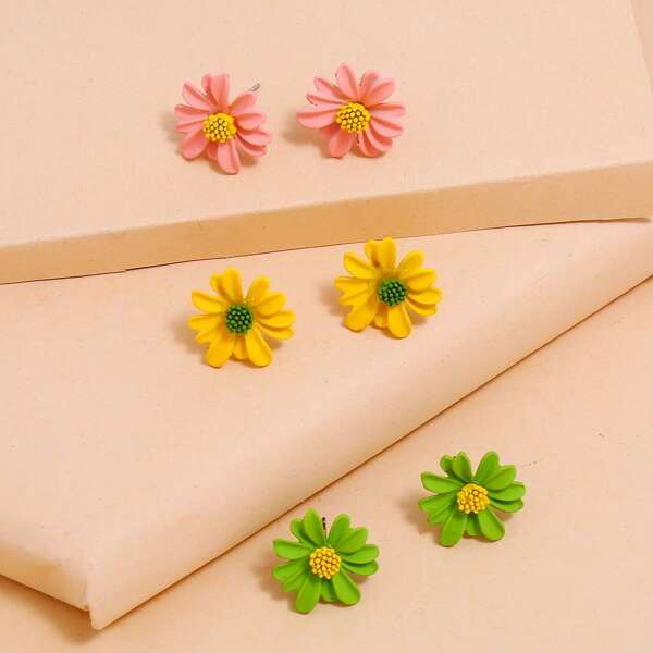 

3pairs Floral Shaped Stud Earrings, Multicolor