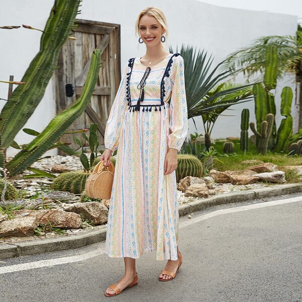 

Colorful Tribal Print Fringe Trim Dress, Multicolor