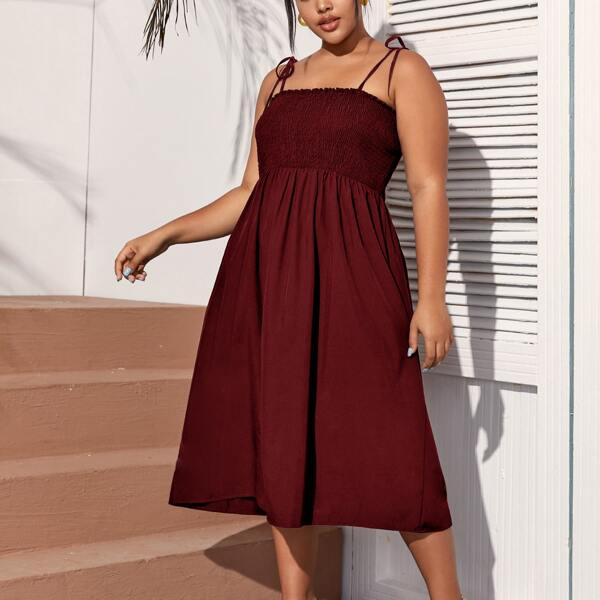 

Plus Tie Shoulder Shirred Bodice Cami Dress, Maroon