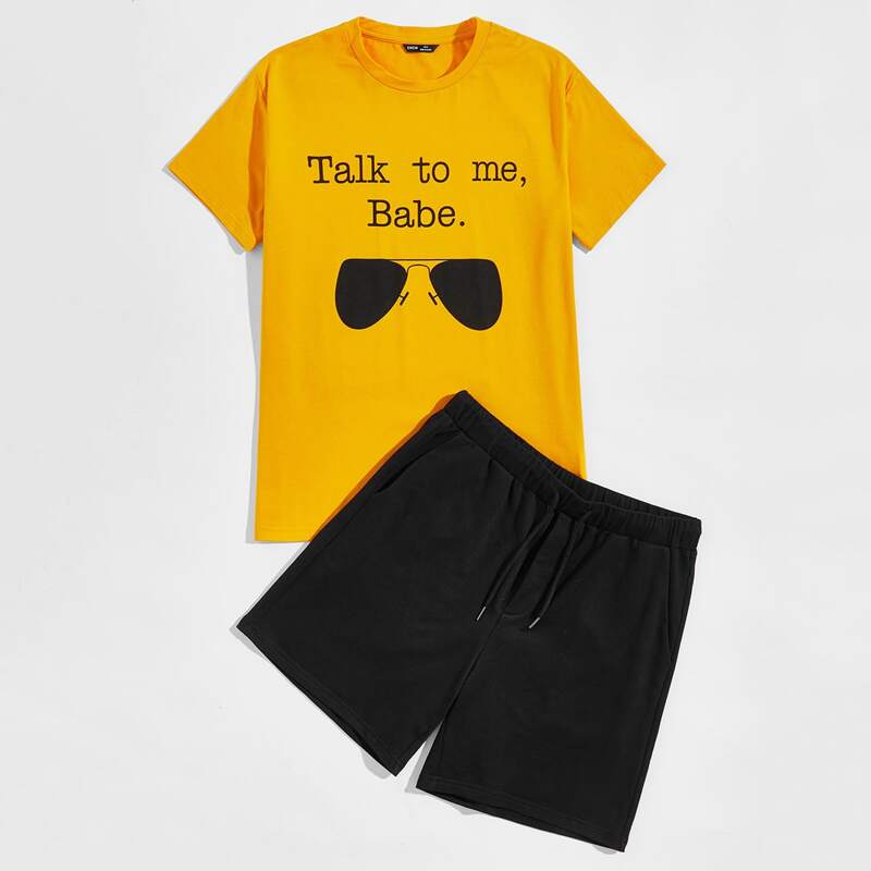 

Guys Slogan Graphic Tee & Track Shorts Set, Multicolor