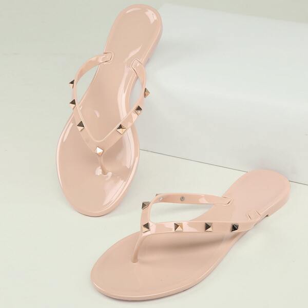 

Studded Detail Y-Strap Flat PVC Sandals, Apricot