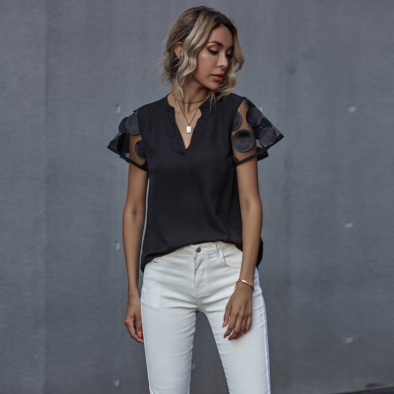 

Notched Neck Mesh Sleeve Blouse, Black