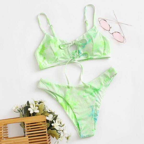 

Tie Dye Cut-out Knot Front Bikini Swimsuit, Bright lime green