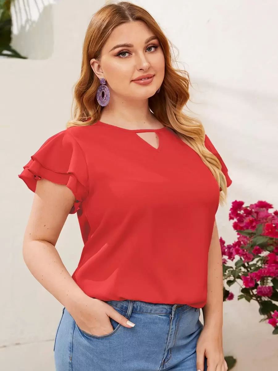 SHEIN Clasi Plus Keyhole Neck Layered Flutter Sleeve Top - Red - View 1