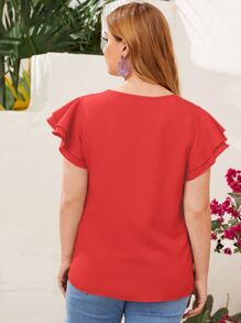 SHEIN Clasi Plus Keyhole Neck Layered Flutter Sleeve Top - Red - View 2